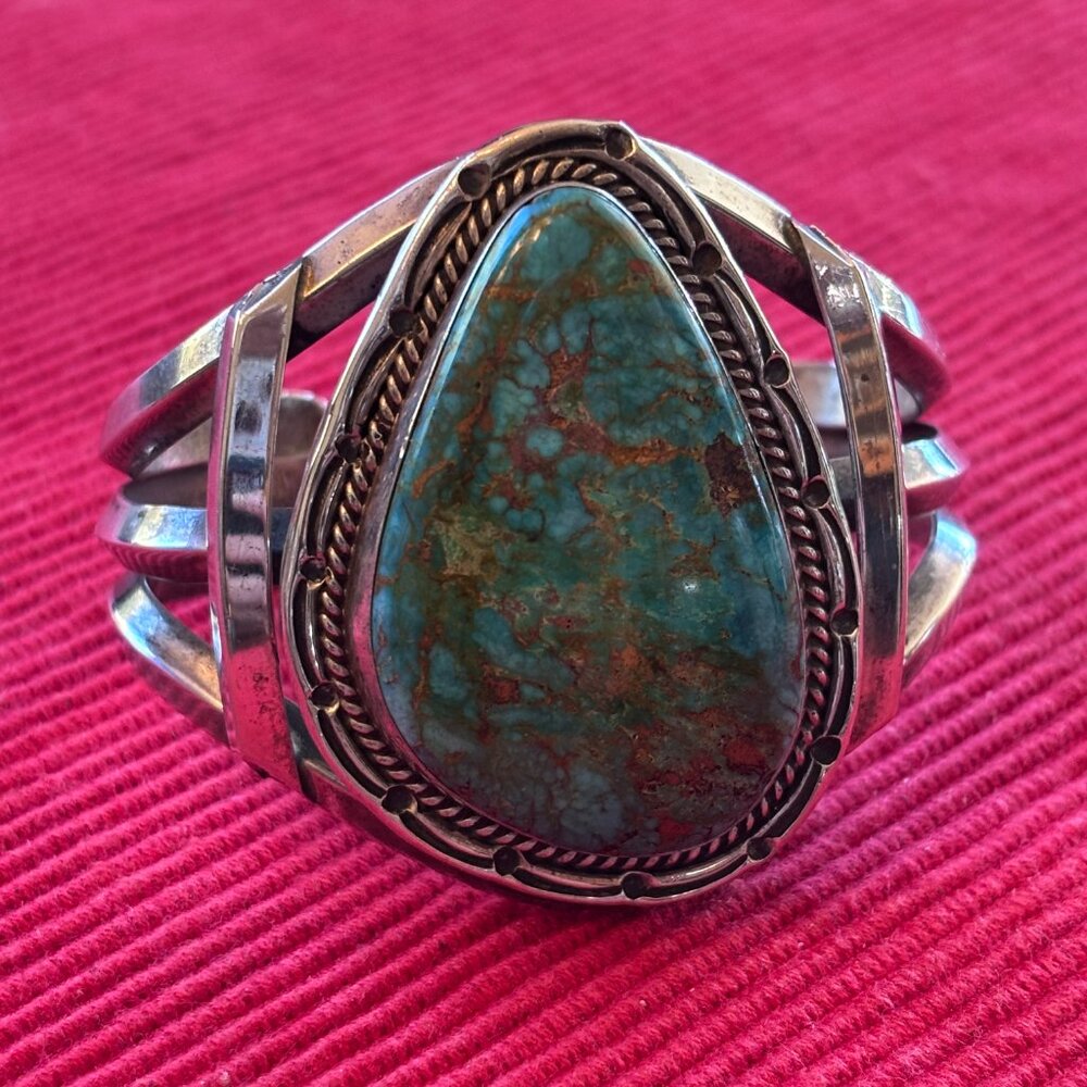 VINTAGE SILVER AND TURQUOISE NATIVE AMERICAN STYLED CUFF BRACELET LARGE CHUNKY